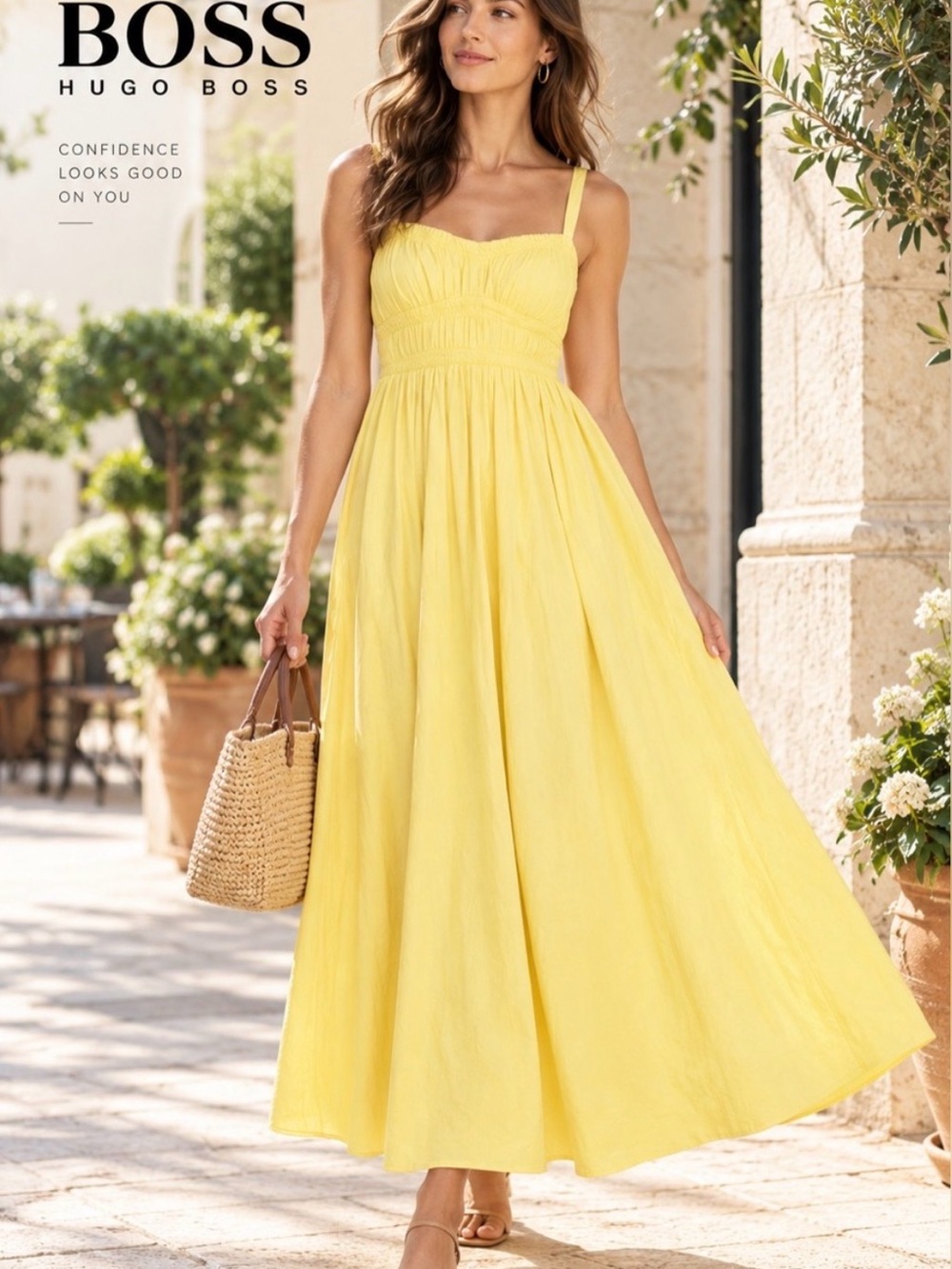 Hugo Boss Dalza Sunlit Yellow Shirred Smocked Cotton Maxi Dress, Size 6